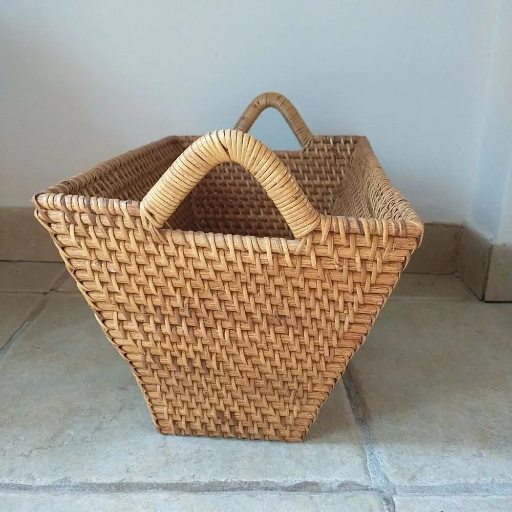 Wicker Rattan Basket Tight Braid Double Handle Rectangle Brown Cottage Indonesia